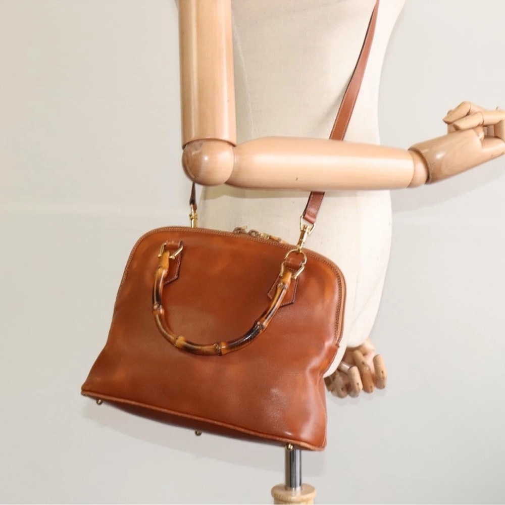 Gucci Vintage Bamboo Handle Top Zip Bag – Brown Caramel Leather, Crossbody Strap - Picture 13 of 13